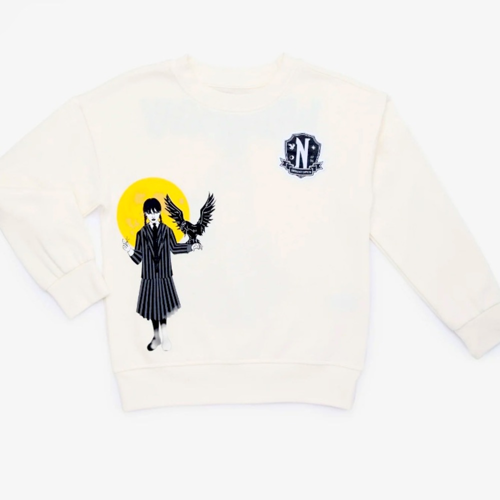 Wednesday Addams Girls Graphic Print Sweatshirt Embroidery NWT Sizes 7/8 & 14/16